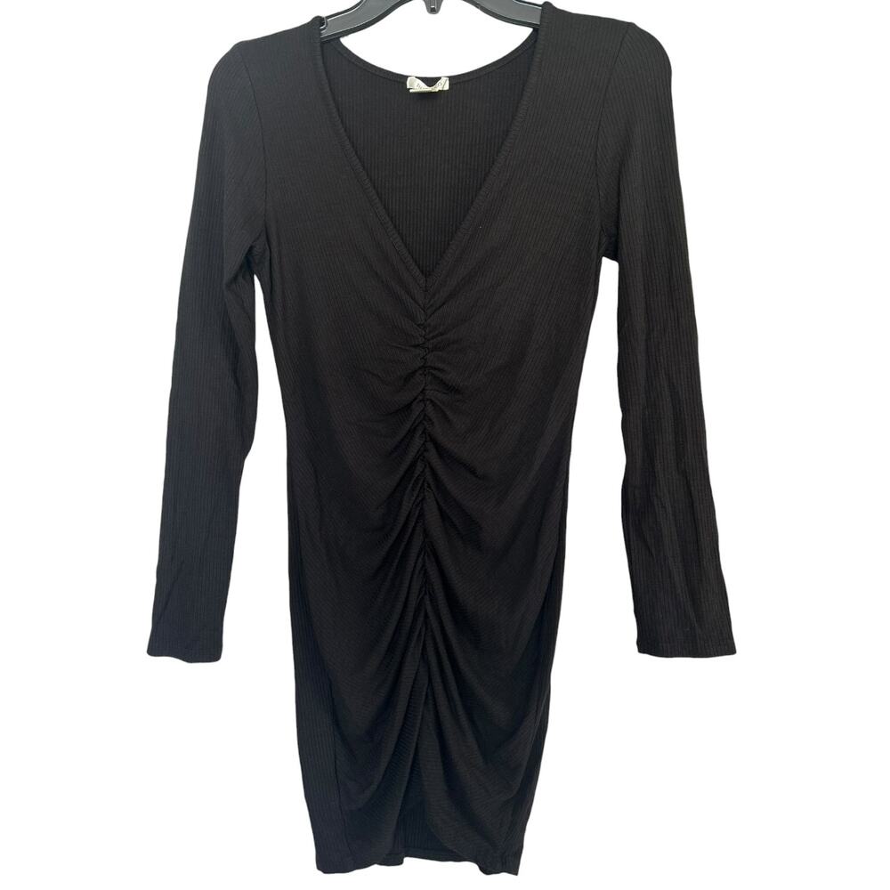 Bozzolo Black Ribbed Ruched Bodycon Mini Dress Size Medium